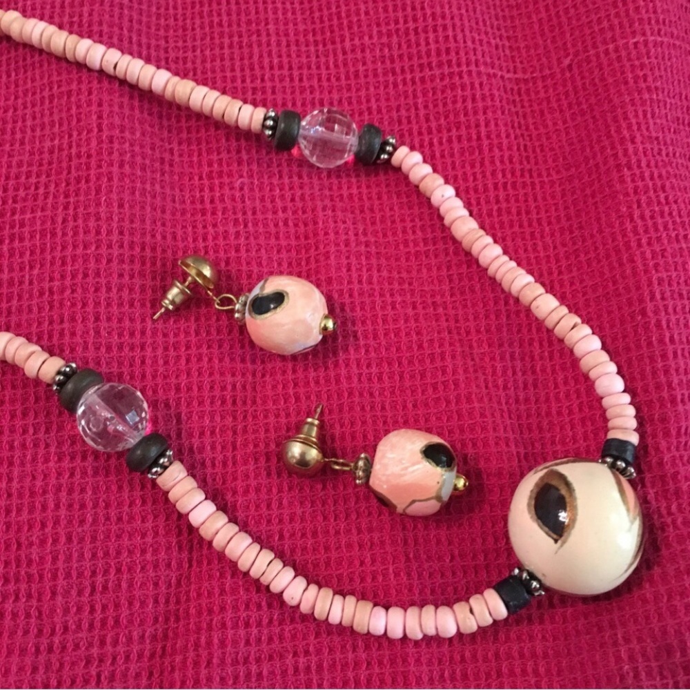 Artisan necklace earrings wood plastic matching set pink 46 inch bundle Vintage